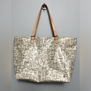 BTL large travel tote with city names and leather straps